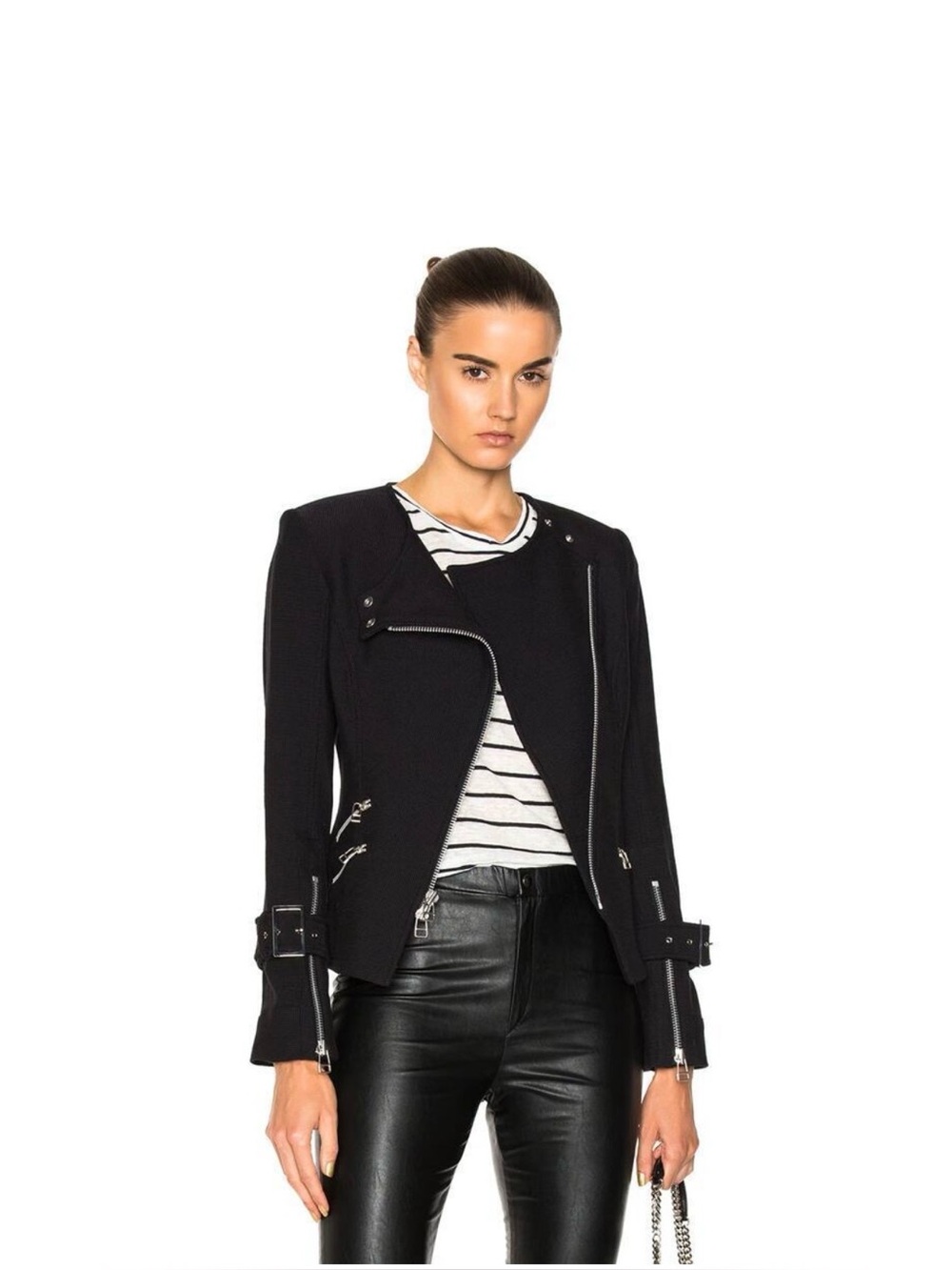 Veronica Beard Black Collarless Asymmetrical Zip Moto Jacket, Sz 4